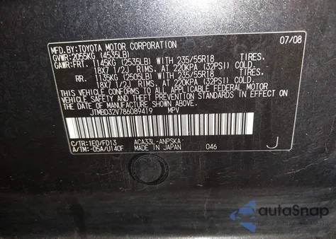 2008 Toyota Rav4 Sport из США, поврежденный, VIN JTMBD32V786089419